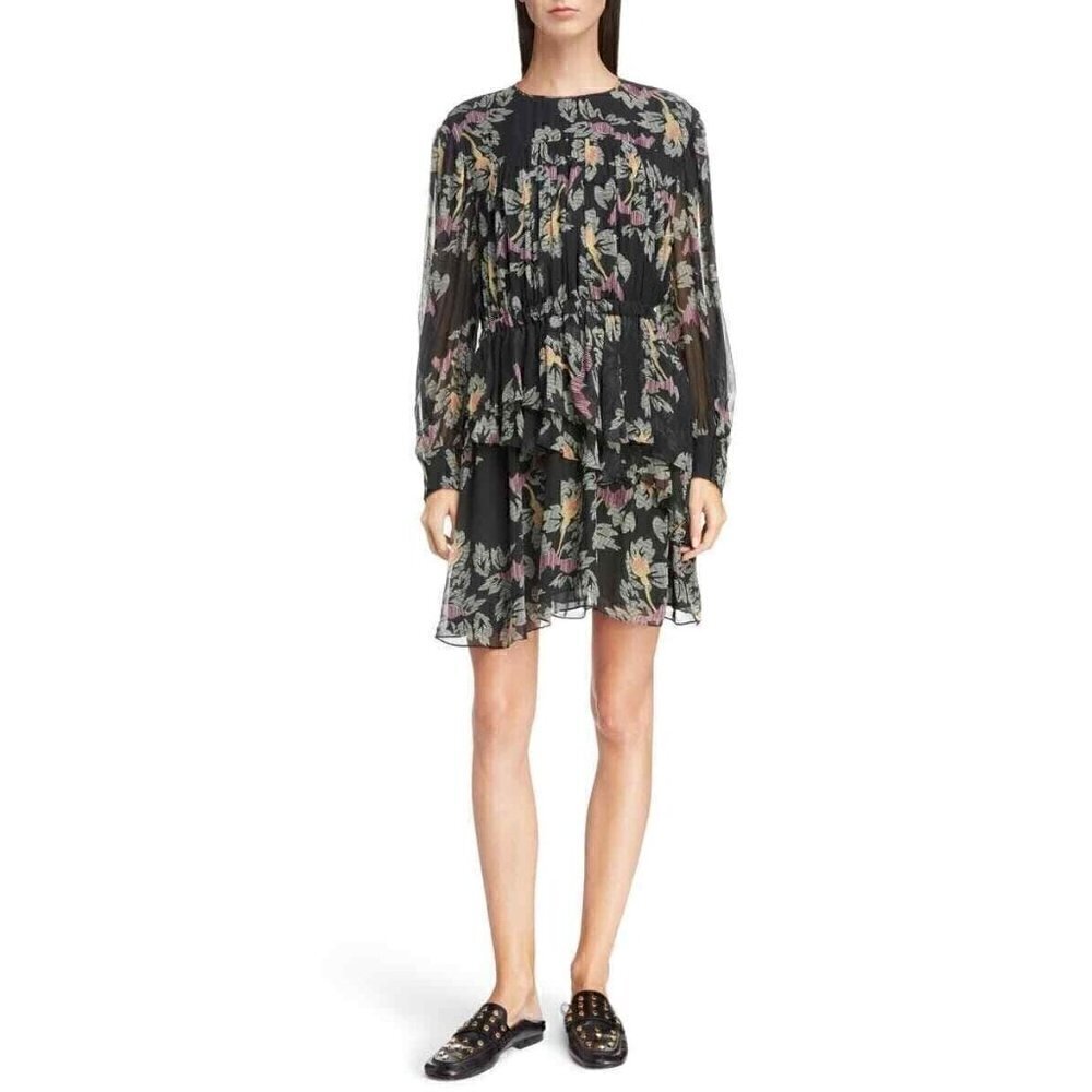 Isabel Marant Etoile Sz 36 (S)  Java Black Floral Ruffle Long Sleeve Dress